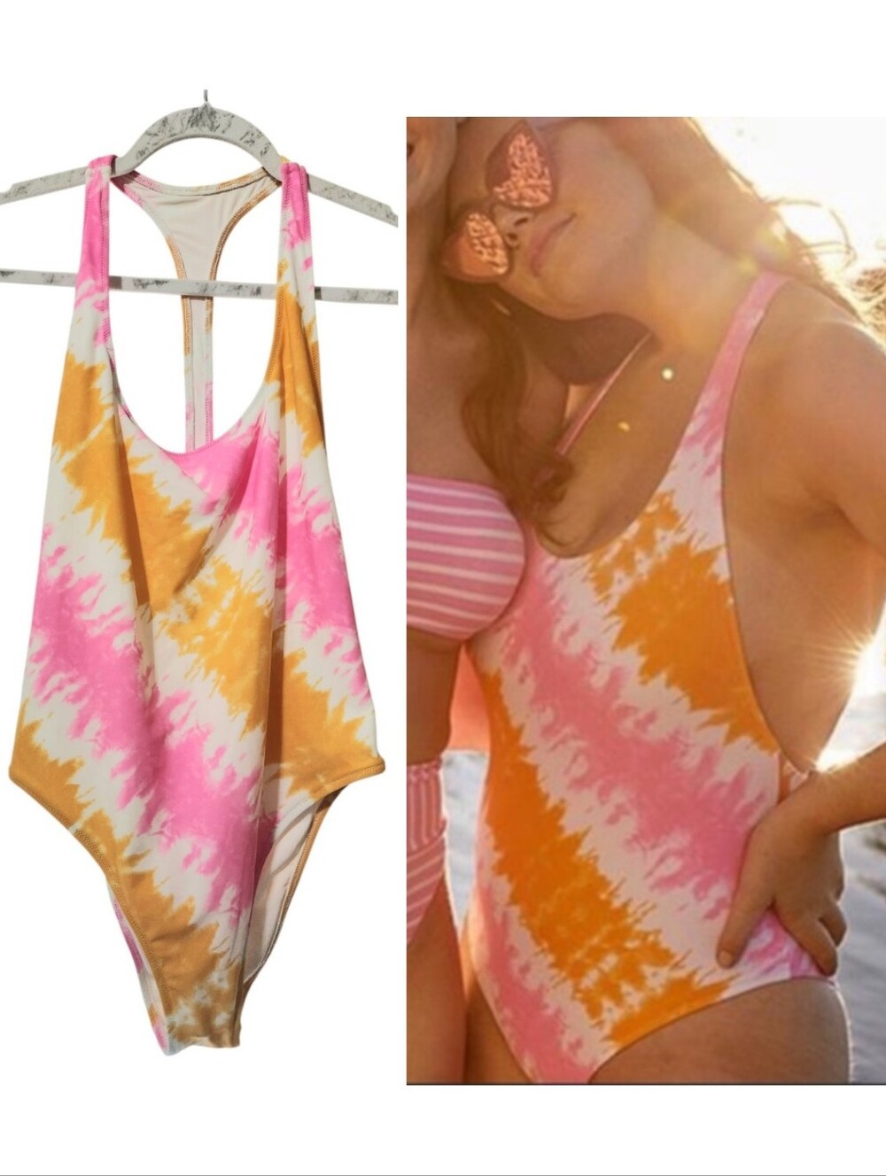 Aerie Tie Dye One Piece Swimsuit Pink Orange Cutout Monokini Size Medium